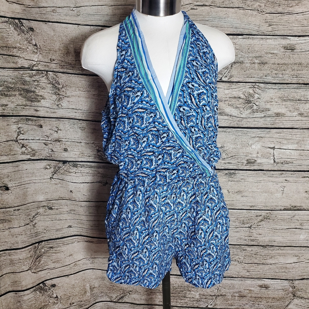 Grifflin Paris Soft Rayon Green/Blue Floral Razor Back Faux Wrap Romper Sz M
